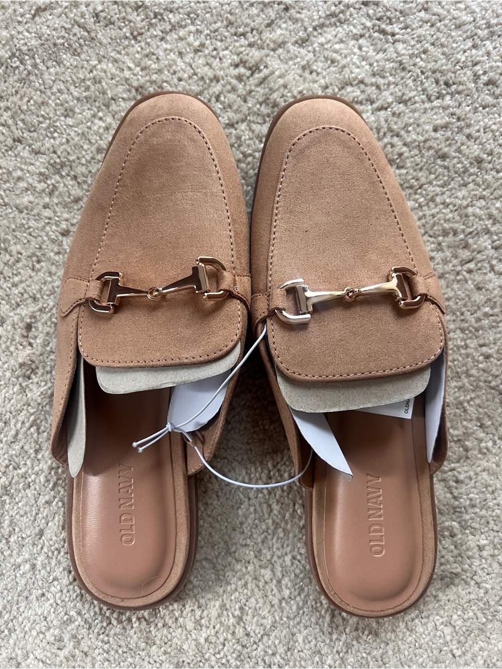 Old Navy Tan Suede Mule Loafers with Gold Bit Detail